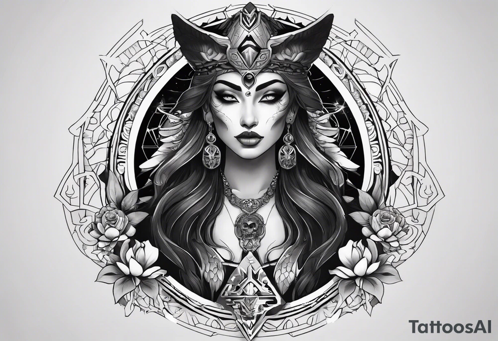 kali ma, alien goddess, valkrye, aries, pirate, divine feminine, zenza resonance, pachamama, lotus azul, blank panther, eagle, skull, 5D, nueva gaya, dna 12, left side chest tatoo tattoo idea