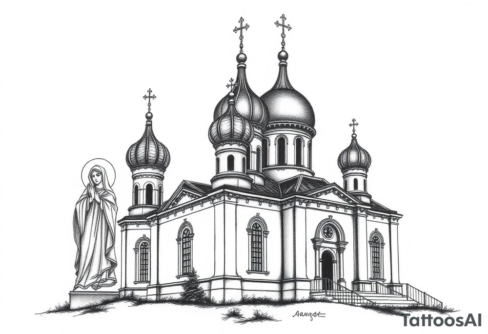 Russian orthodox church with bulb domes with a prominent russian orthodox style virgin mary stood outside to the left tattoo idea
