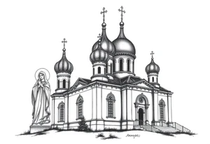 Russian orthodox church with bulb domes with a prominent russian orthodox style virgin mary stood outside to the left tattoo idea