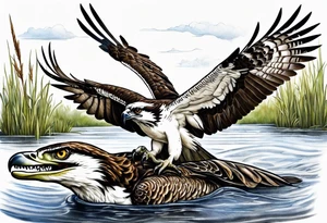 Osprey and alligator in the marsh tattoo idea