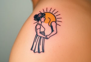 A couple standing at the altar, facing each other, bathed in a golden sunlight glow tattoo idea