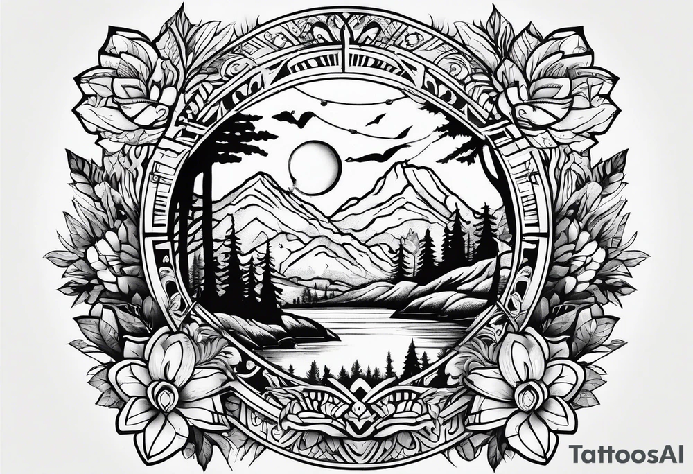 Mexican American inspired Tattoo that incorporates love for family and importance of building wealth. Include elements of the Pacific Northwest Forrest tattoo idea