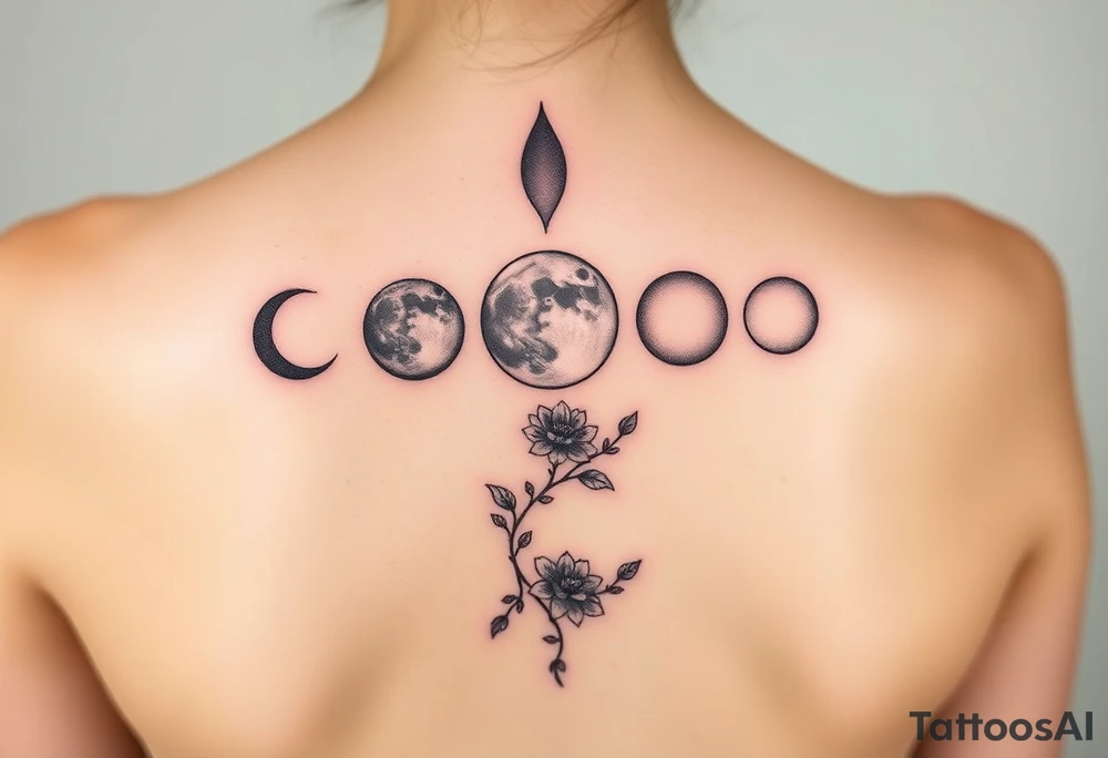 new moon, waxing crescent, first quarter, waxing gibbous, full moon, waning gibbous, third quarter, and waning crescent detailed down the spine with vines and different flowers along the sides of each phase shading and color tattoo idea