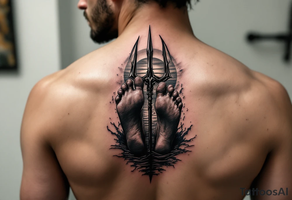 barefeet behind trident with water and sunset tattoo idea