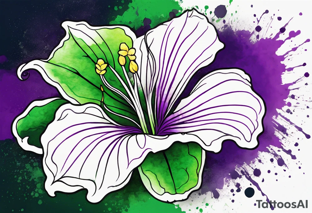 A mystical outline of a green and purple rio dipladenia flower and a green and purple watercolor splash in the background tattoo idea