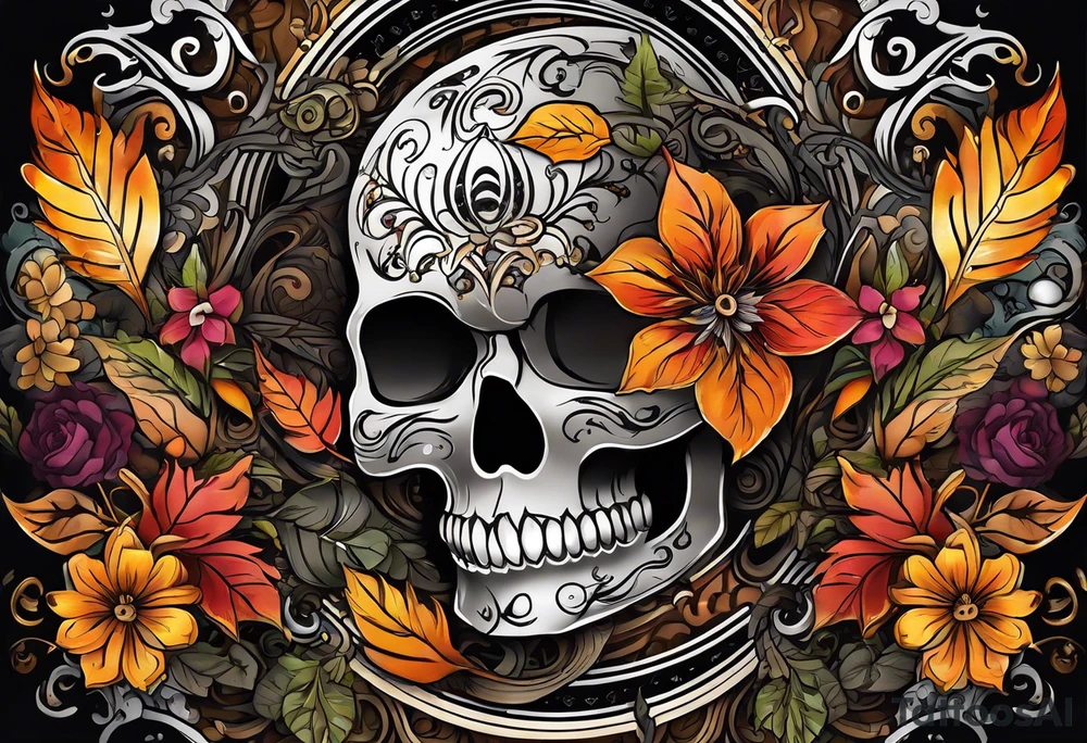 arm sleeve with fall colors, flowers, water flow shapes, leaves and various natural shapes, music notes, skulls tattoo idea