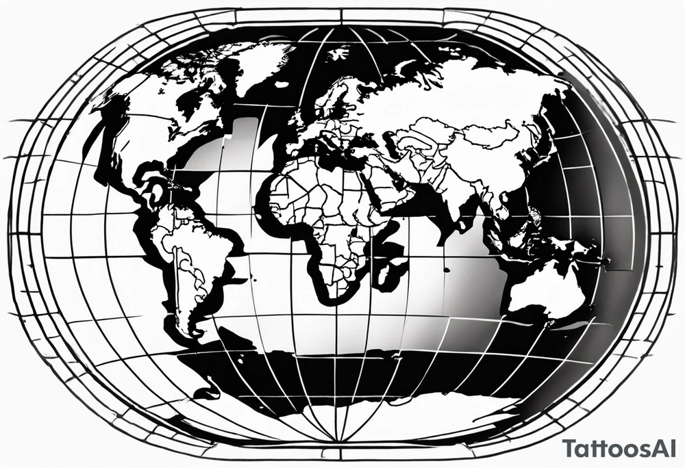 the earth on a flat map with light fading shading placed on a grid with only the lines with accurate depictions of the borders in countries while having it in an oval/circular position on a grid without any borders on the sides while having the countries not have such bold borders tattoo idea