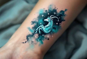 This Capricorn design features glowing teal stars across a smoky watercolor background for a mysterious edge. tattoo idea