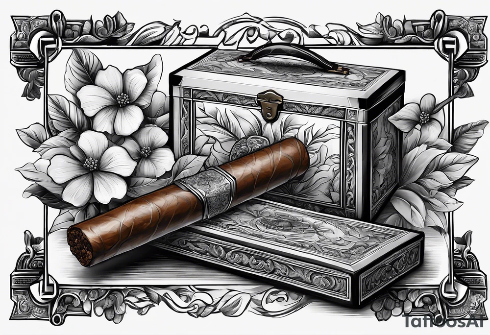 A simple vintage cigar box with a dogwood flower next to it as well as a lit cigar tattoo idea