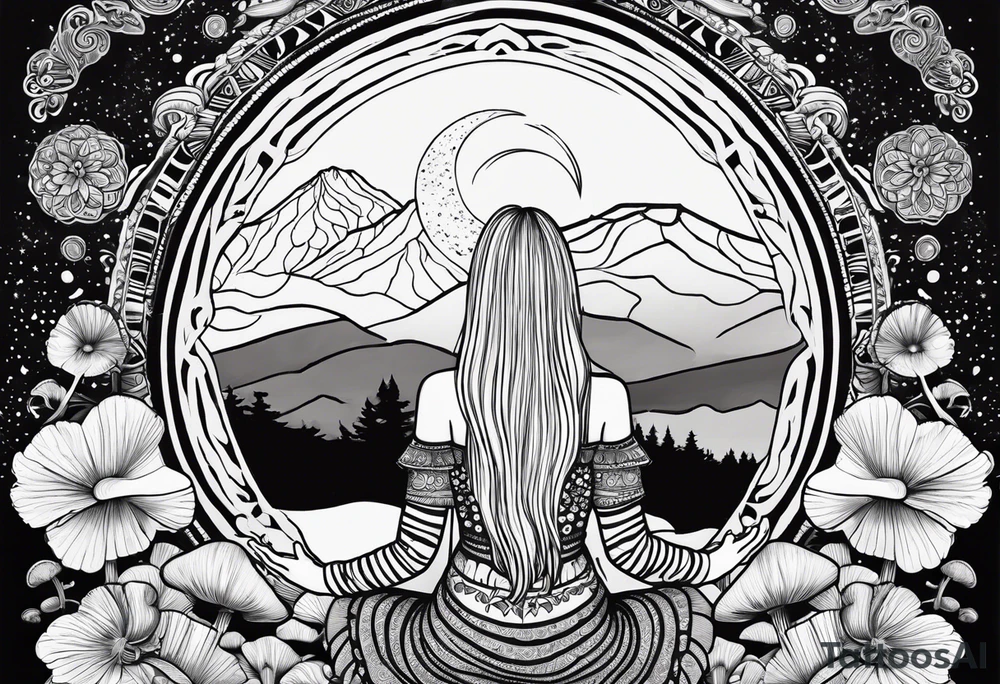 Straight blonde hair girl holding mushrooms in hand meditating facing away toward mountains surrounded by mushrooms crescent moon mandala circular design black and white striped dress tattoo idea