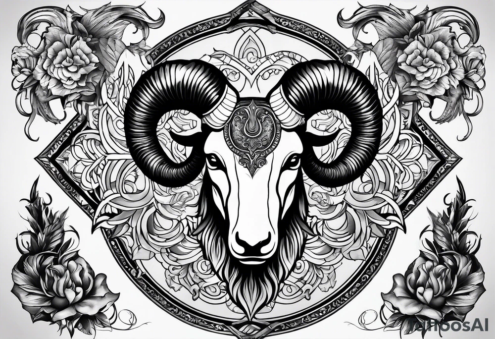 tattoo design containing the following objects: tattoo design containing the following subjects: ram's horns, warrior figure, angel tattoo idea