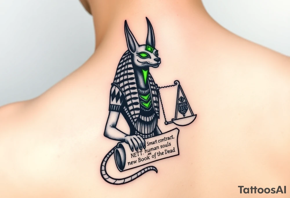 "Anubis as a blockchain arbitrator:  
- Jackal head replaced with NFT pixel-art  
- Scales weigh ETH vs. human souls  
- Scroll in paw: *'Smart contracts are the new Book of the Dead'*  

Style: Glitch hieroglyph. Black/neon green. Forearm." tattoo idea