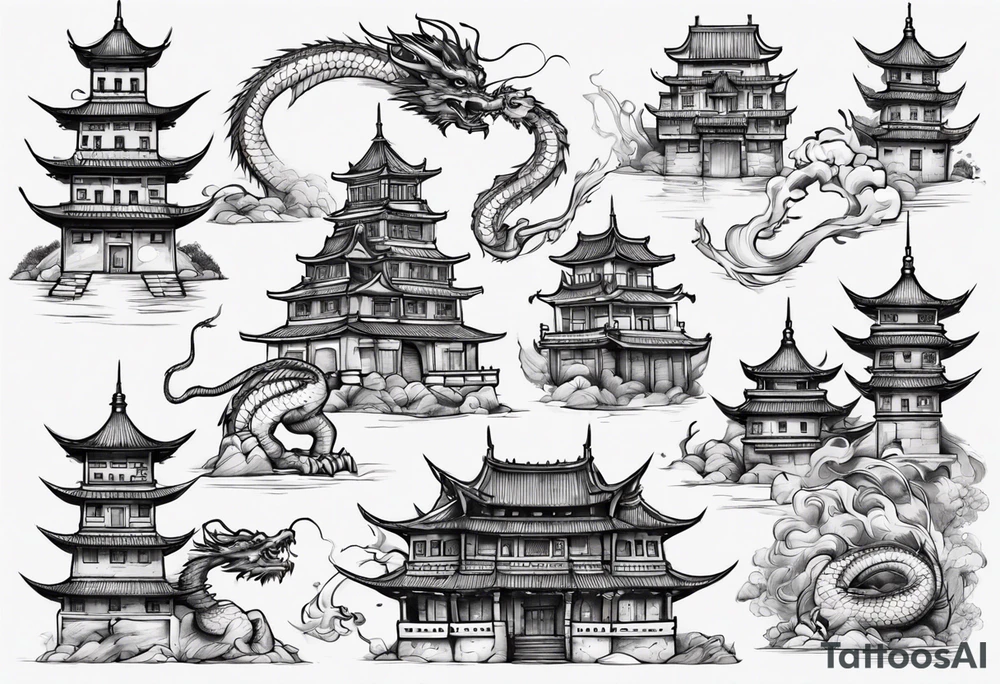 oriental castle with a dragon tattoo idea