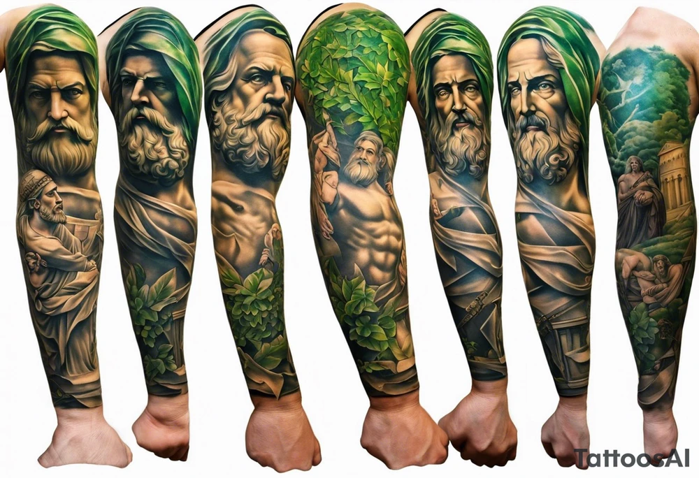 a tattoo full sleeve of stoic heroes in statue form including plato, socrates, alexander the great, julius ceasar, aristotle, pythagorus and william marshal. small amounts of Green english vine plant running through the whole tattoo. all fit on one arm. tattoo idea