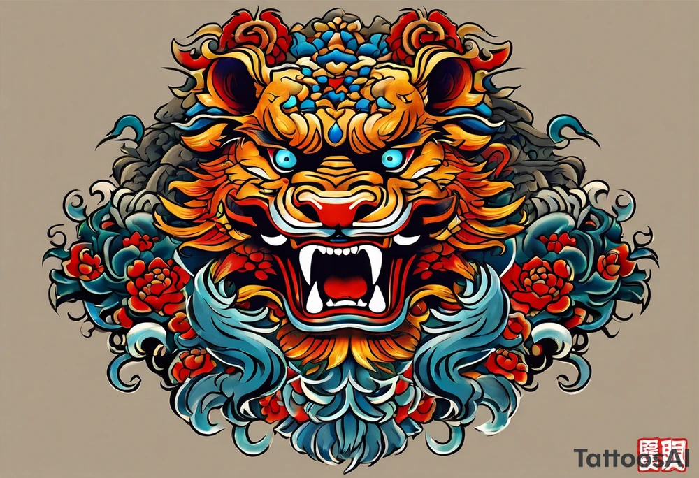 Double sided chest piece, done in Neo Japanese style of Okinawa shisa. On one side is the male with his mouth open to fend off evil, and the other side, the femal with her mouth closed to keep good in. tattoo idea