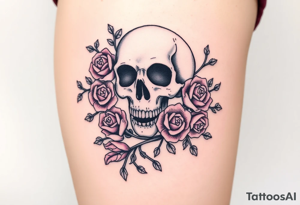 skull intertwined with roses and thorny vines tattoo idea