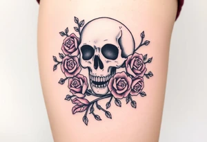 skull intertwined with roses and thorny vines tattoo idea