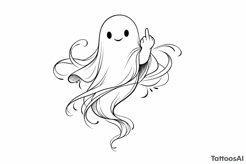 Playful ghost with middle finger, flowing ribbon, simple black ink outline. tattoo idea