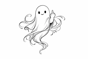 Playful ghost with middle finger, flowing ribbon, simple black ink outline. tattoo idea