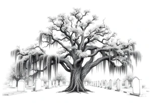 Laurel oak covered in Spanish moss in a cemetery tattoo idea