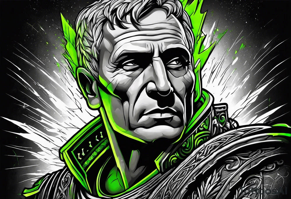 Julius Caesar tattoo with streaks of neon green lightning in the background tattoo idea