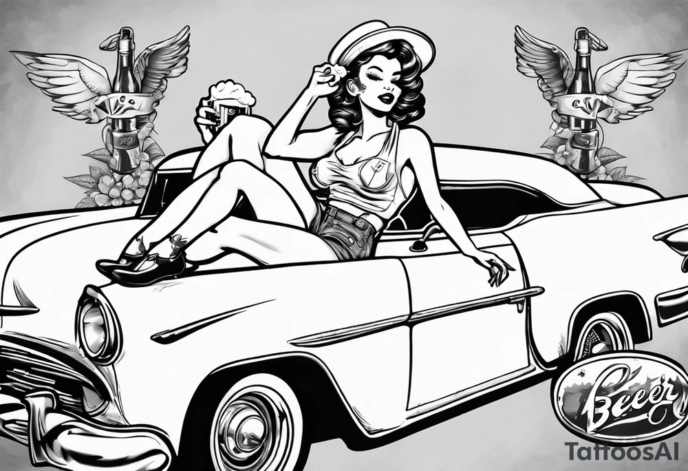 pinup doll laying on the hood of a classic vintage car drinking a beer tattoo idea