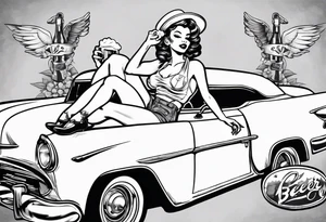 pinup doll laying on the hood of a classic vintage car drinking a beer tattoo idea
