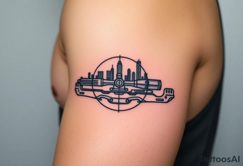 scope crosshairs with eerie Los Angeles city horizon in background tattoo idea