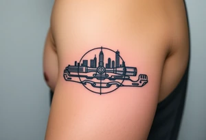 scope crosshairs with eerie Los Angeles city horizon in background tattoo idea