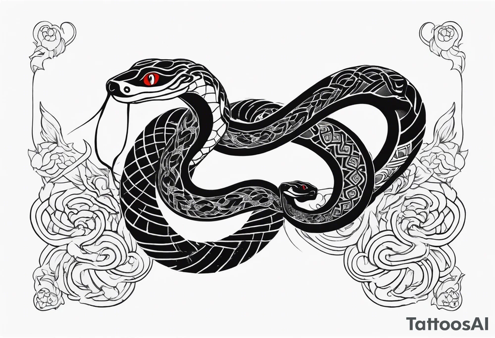 Double headed snake tattoo for placement along the spine in japanese style where the head is positioned at the bottom end of my spine to symbolise a journey of healing and transformation with small reference to ying yang tattoo idea