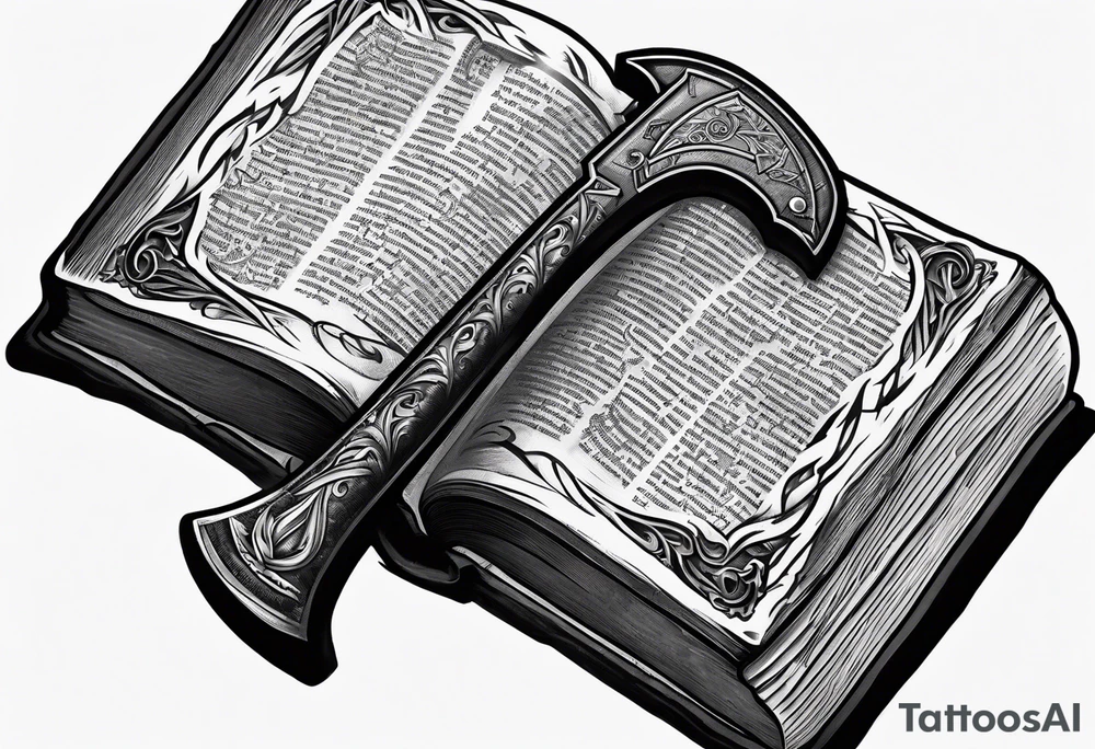 An opened bible with a battle Axe tattoo idea