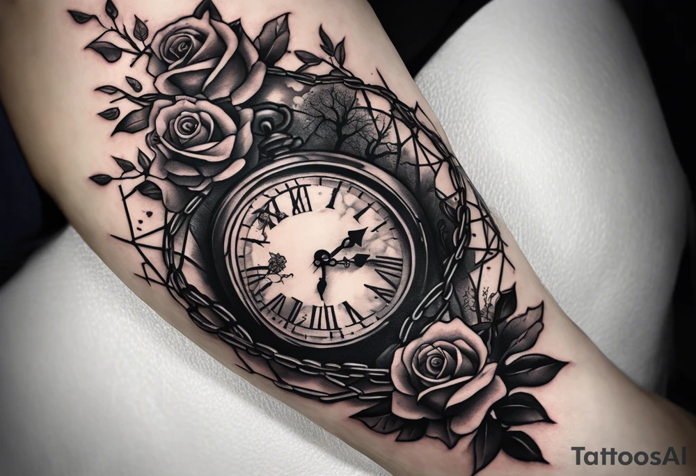 tattoo sleeve, tree roots break out of the chains at the bottom of the hand, Symbolizing loss, an image of a broken mask, Clock with flying numbers, girl, skull, roses tattoo idea