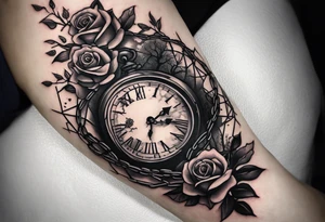 tattoo sleeve, tree roots break out of the chains at the bottom of the hand, Symbolizing loss, an image of a broken mask, Clock with flying numbers, girl, skull, roses tattoo idea