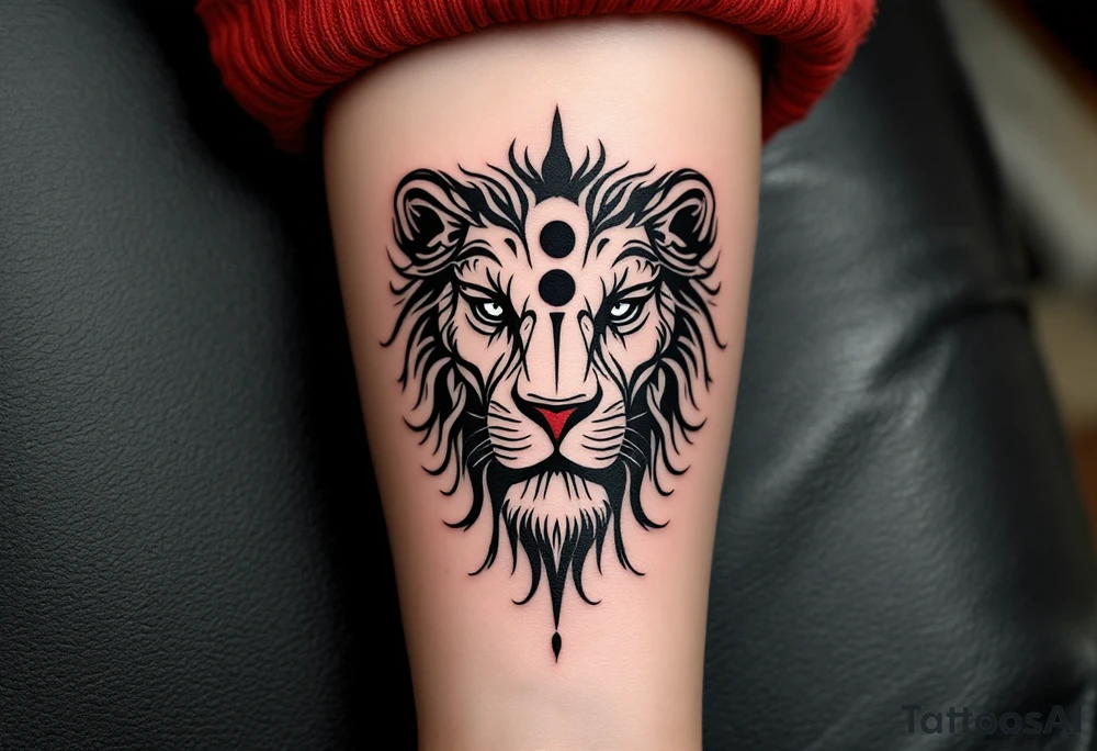 A powerful Czech lion’s face, with its eye forming the dot above a comma, symbolizing strength and perseverance. tattoo idea