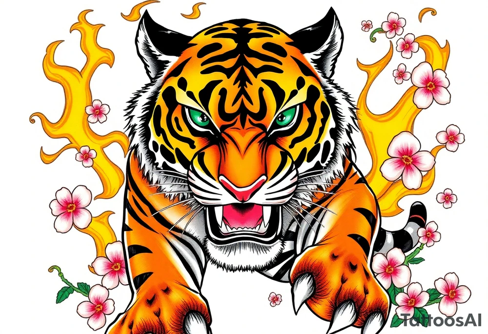A fierce and majestic tiger, mid-roar, with piercing emerald-green eyes and bold orange-and-black striped fur. Its powerful muscles are accentuated by intricate shading, giving it a lifelike presence. Surrounding the tiger are swirling golden flames, symbolizing strength and resilience, while delicate cherry blossom petals in soft pink and white float around, representing balance between power and grace. tattoo idea
