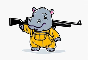 Baby hippo wearing overalls and holding a shotgun tattoo idea