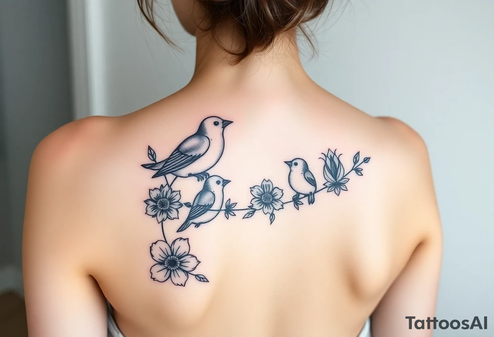 Mom bird and three baby birds with flowers tattoo idea