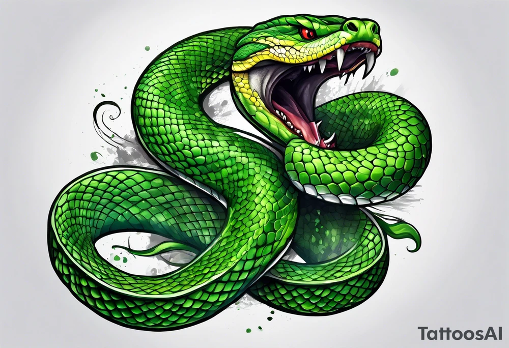 A green viper with mouth open showing fangs tattoo idea