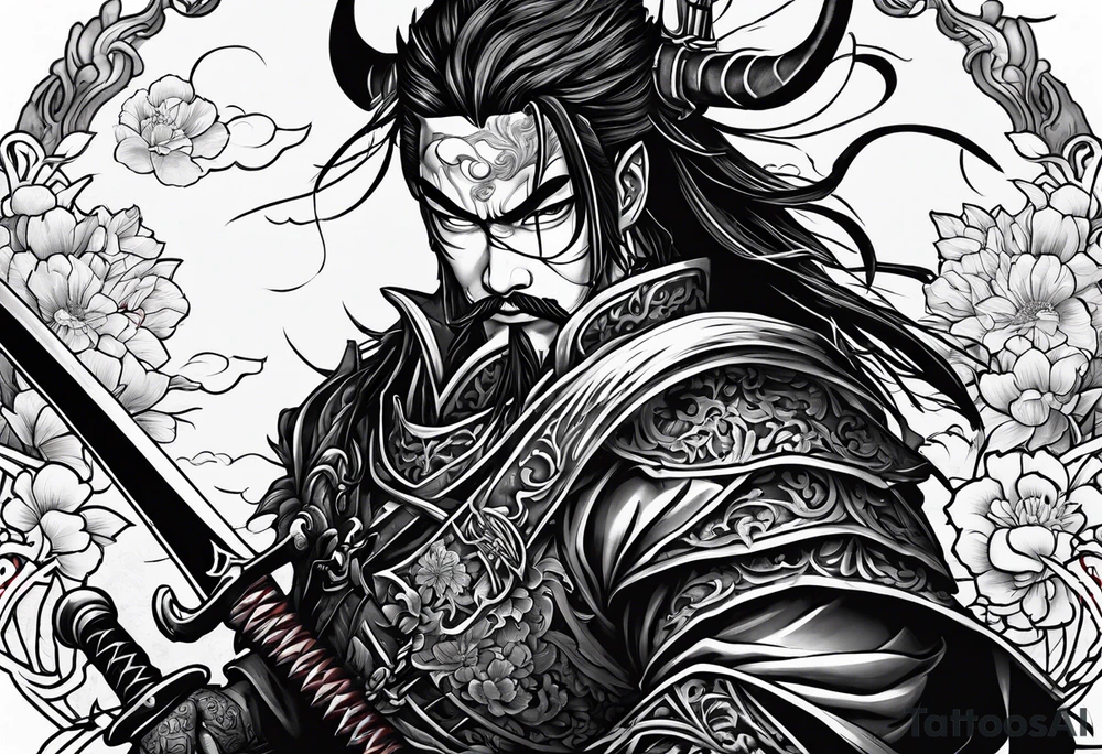 Japanese's Art style of a garden with M3LO in it and  Swords and blood and a Oni mask tattoo idea