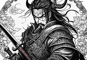 Japanese's Art style of a garden with M3LO in it and  Swords and blood and a Oni mask tattoo idea