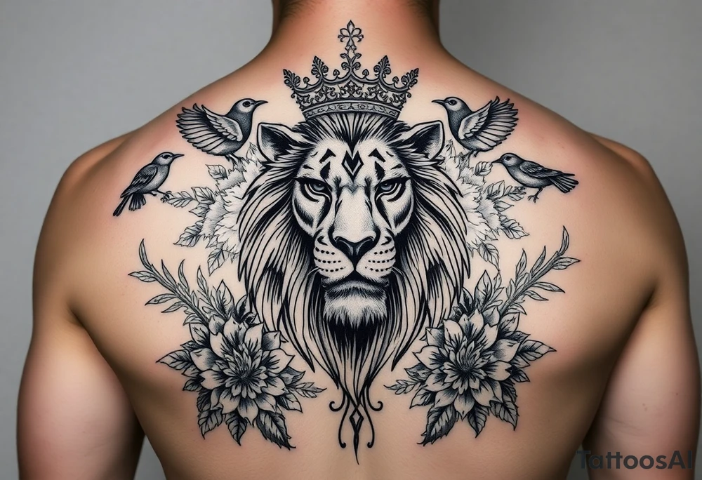 powerful majestic lion with a crown, surrounded by floral ornaments and birds tattoo idea