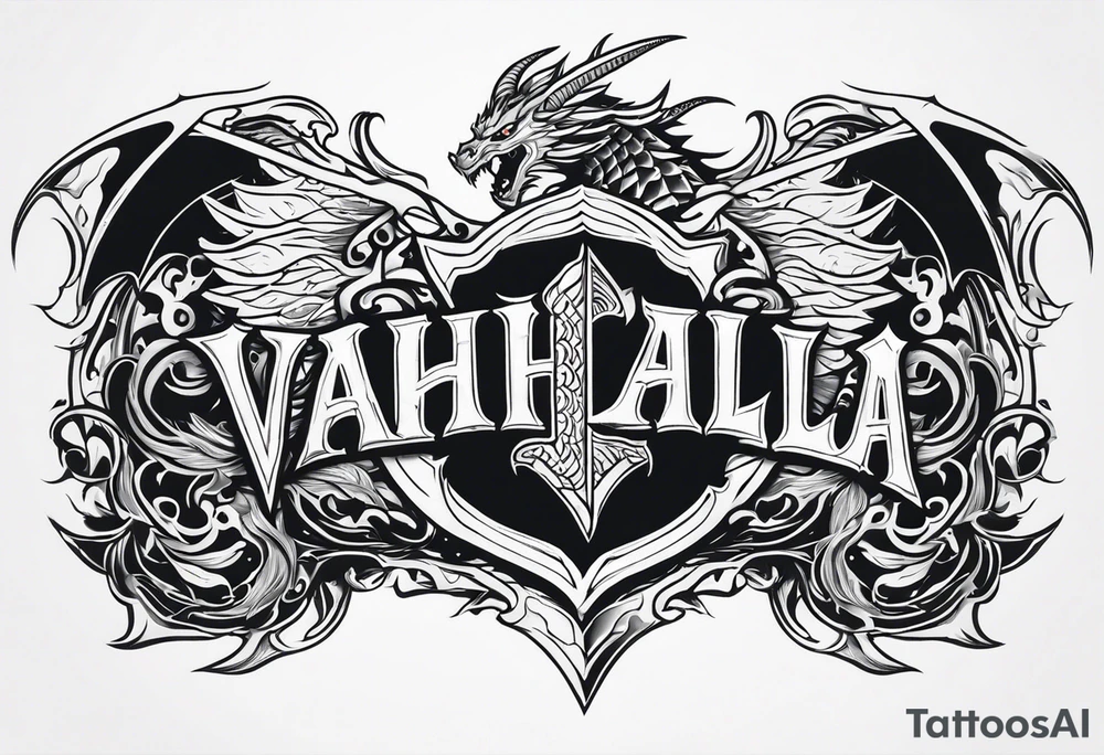 Valhalla sword shield dragon fire tattoo idea