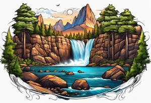 waterfall going into a river with a camp site in Australia tattoo idea