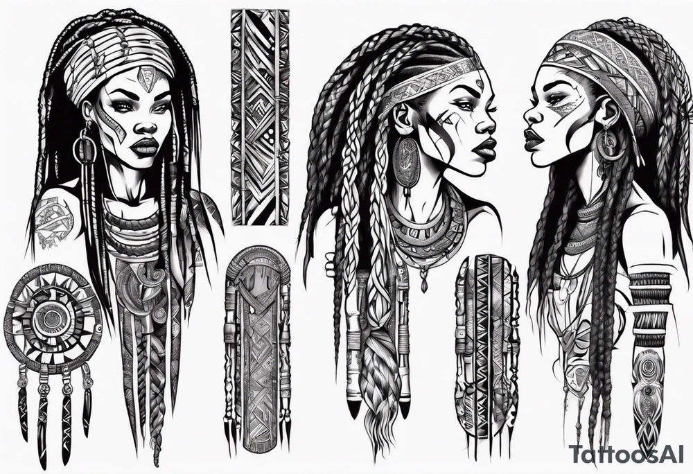 African female Viking  full body 
slim long face small mouth long braided hair tattoo idea