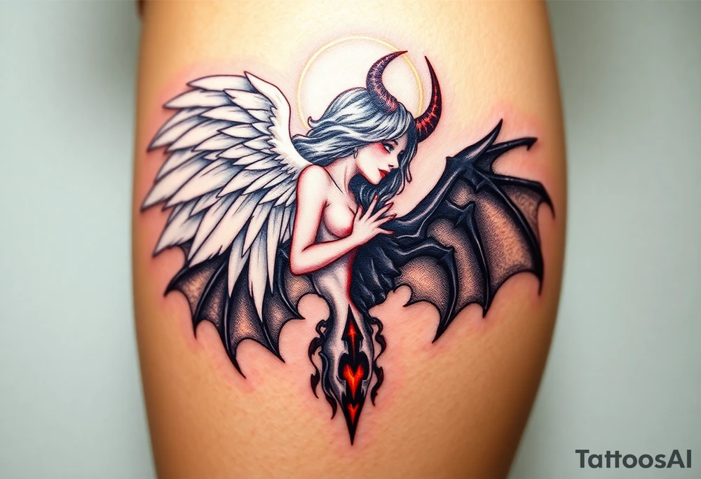 A radiant angel, with soft white wings and a glowing halo, surrounded by light, juxtaposed against a dark demon, with jagged black wings and fiery red eyes, symbolizing the ultimate conflict between good and evil. tattoo idea
