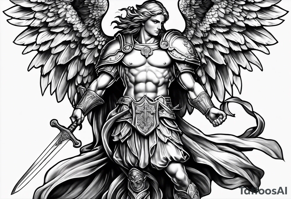 full body saint michael holding a sword tattoo idea