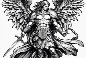 full body saint michael holding a sword tattoo idea