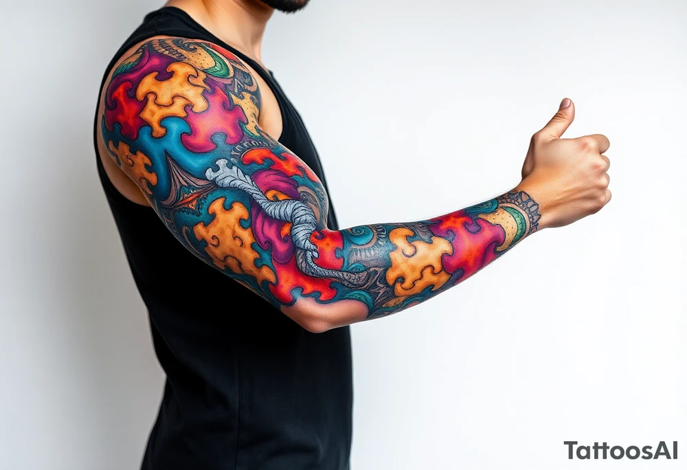 full left arm sleeve dedicated to my son with autism full color giving him the world autism awareness tattoo idea