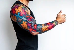 full left arm sleeve dedicated to my son with autism full color giving him the world autism awareness tattoo idea