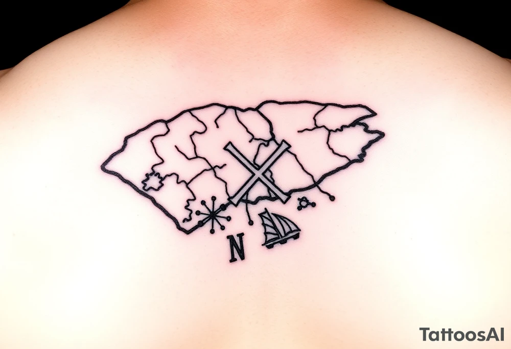 North Carolina coast Treasure Map with an X over Manteo, NC tattoo idea
